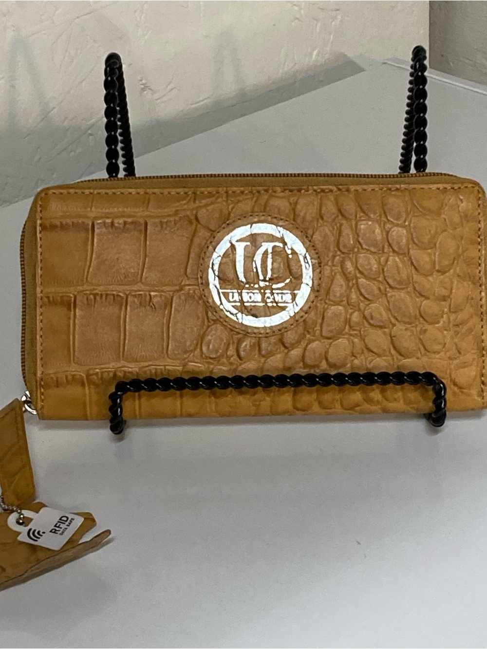 Croc-Embossed Zip Wallet in Caramel by Union Code RFID protected 7.5”X4”X1